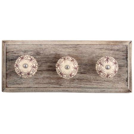 Cream Brown Floral Etched Ceramic Wooden Hooks